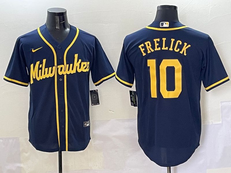 Men Milwaukee Brewers #10 Frelick Dark Blue Game 2025 Nike MLB Jersey style 1
